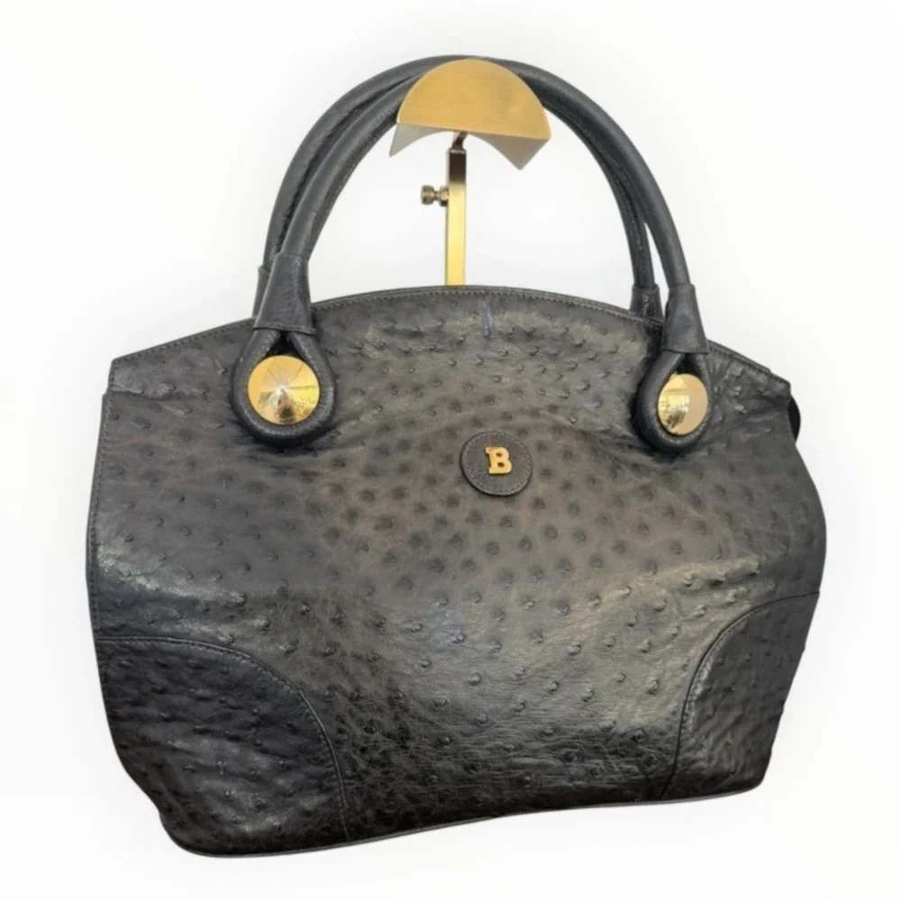 Vintage Bally Black Genuine Ostrich Leather Top Handle Bag Gold Hardware